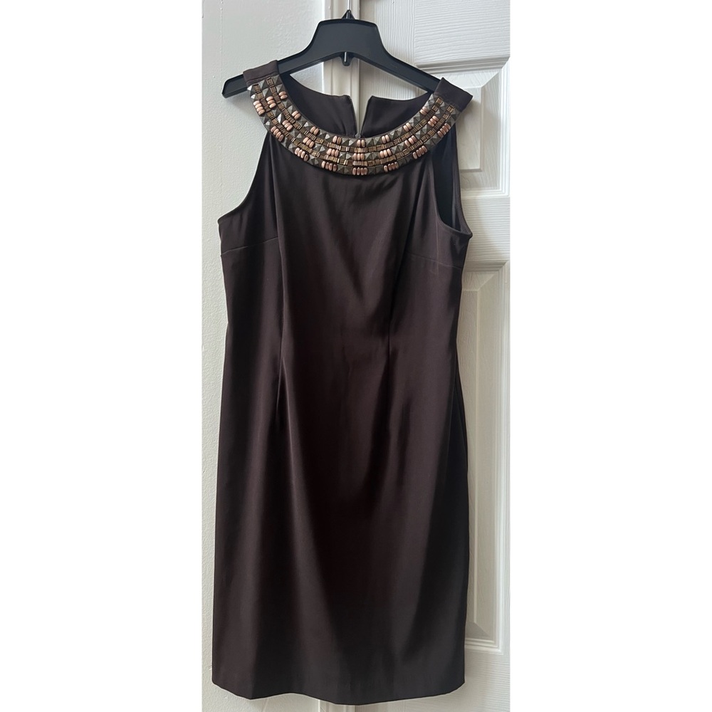 Connected Apparel Sleeveless Beaded Neckline Cocktail Dress - Brown